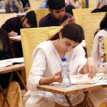Students are solving their question papers during Pre entry test for admission in the Liaquat University of Medical & Health Sciences (LUMHS) at Jamshoro