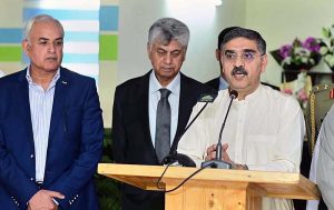 Caretaker Prime Minister Anwaar -ul-Haq Kakar talks to the media after the inauguration of Cardiac Hospital.