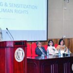 Caretaker Federal Minister for Human Rights Khalil George speaking at "Awareness Raising & Sensitization Session on Human Rights" in National College of Arts
