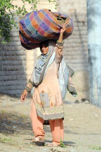 A woman on the way carrying a heavy bundle of dung cake on her head