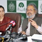 Caretaker Federal Minister for Education and Professional Training, Madad Ali Sindhi addressing during briefing media persons at National Curriculum Council