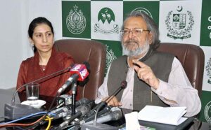  Caretaker Federal Minister for Education and Professional Training, Madad Ali Sindhi addressing during briefing media persons at National Curriculum Council