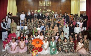 Caretaker Federal Minister for Education and Professional Training Madad Ali Sindhi addressing during ceremony on the occasion of Pakistan Defence Day at Islamabad Model College for Girls F-6/2.