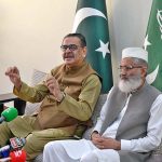 Caretaker Federal Minister for Religious Affairs and Interfaith Harmony Aneeq Ahmed along with Ameer Jamaat-e-Islami Sirajul Haque talking to media persons at Jamaat-e-Islami Center Mansoora.