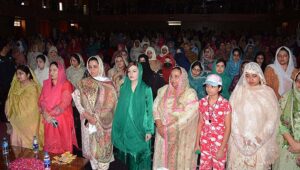 Special Assistant to Prime Minister on Human Rights & Women Empowerment Ms. Mushaal Hussein Mullick talking to media persons after participating in Mehfil-e-Milad-un-Nabi (PBUH) at Government College Women University Faisalabad (GCWUF)