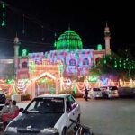 An illuminated view of Memon Masjid decorated with colorful lights in connection with Eid Milad-un-Nabi (PBUH) celebrations