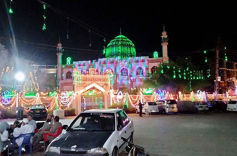 An illuminated view of Memon Masjid decorated with colorful lights in connection with Eid Milad-un-Nabi (PBUH) celebrations