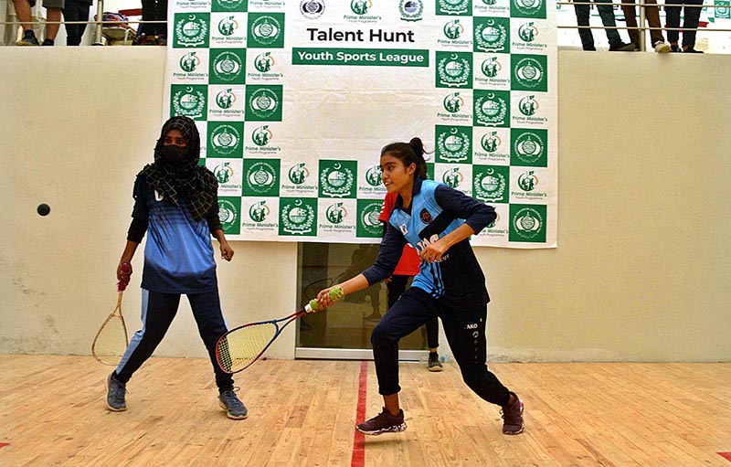 Players giving squash trials for Prime Minister Talent Hunt Youth Sports League at Squash Complex