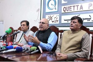 Caretaker Balochistan Minister Jan Achakzai addressing a press conference in Press Club