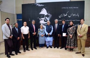 Federal Caretaker Minister for Information and Broadcasting Murtaza Solangi addressing during screening of documentary on the life and achievements of Iftikhar Arif Titled “Barhwaan Khilari” at Information Services Academy.