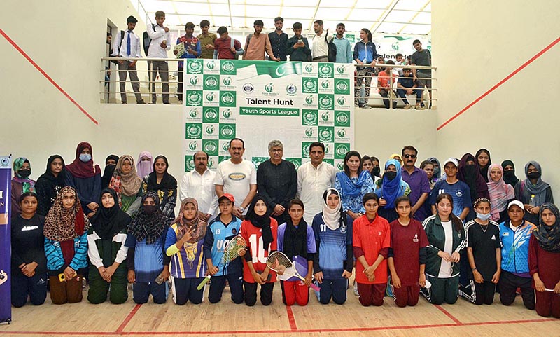 Players giving squash trials for Prime Minister Talent Hunt Youth Sports League at Squash Complex