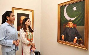 – Participants viewing exhibition of paintings titled "Portraits of Quaid" organized by Ali Azmat, a renowned artist in collaboration with For Art Sake curated by Amna Pataudi and Dr. Rahat Naveed Masood at PNCA.