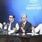 Caretaker Federal Minister for Information and Broadcasting Murtaza Solangi addressing a press conference along with Ms Shamshad Akhtar Caretaker Federal Minister for Finance and Muhammad Ali Caretaker Minister for Energy at PID Media Center