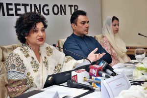 End TB Celebrity Ambassador Sania Saeed and Sarmad Khoosat addressing a press conference about Mobilizing Leadership for the UN High Level Meeting on TB.