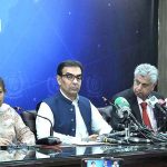 Caretaker Federal Minister for Information and Broadcasting Murtaza Solangi addressing a press conference along with Ms Shamshad Akhtar Caretaker Federal Minister for Finance and Muhammad Ali Caretaker Minister for Energy at PID Media Center