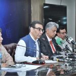 Caretaker Federal Minister for Information and Broadcasting Murtaza Solangi addressing a press conference along with Ms Shamshad Akhtar Caretaker Federal Minister for Finance and Muhammad Ali Caretaker Minister for Energy at PID Media Center