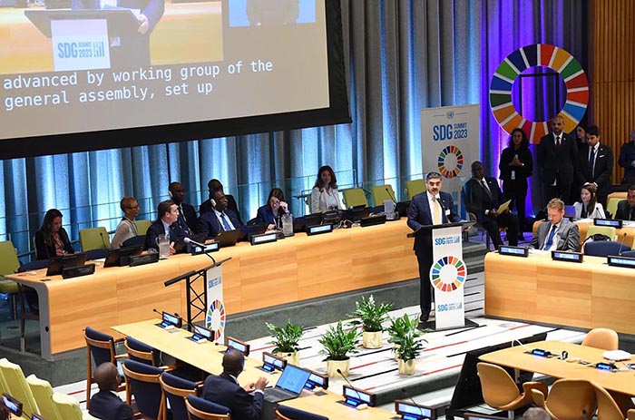Caretaker Prime Minister Anwaar-ul-Haq Kakar addressing the SDG Summit Leaders Dialogue 6 on the topic “Mobilizing finance and investments and the means of implementation for SDG achievement” in UN Headquarters