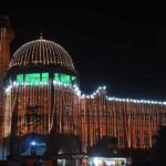 An illuminated view of Mosque Jamia Naeemia decorated with colorful lights in connection with Eid Milad-un-Nabi (PBUH)