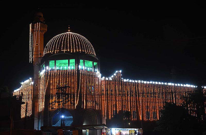 An illuminated view of Mosque Jamia Naeemia decorated with colorful lights in connection with Eid Milad-un-Nabi (PBUH)