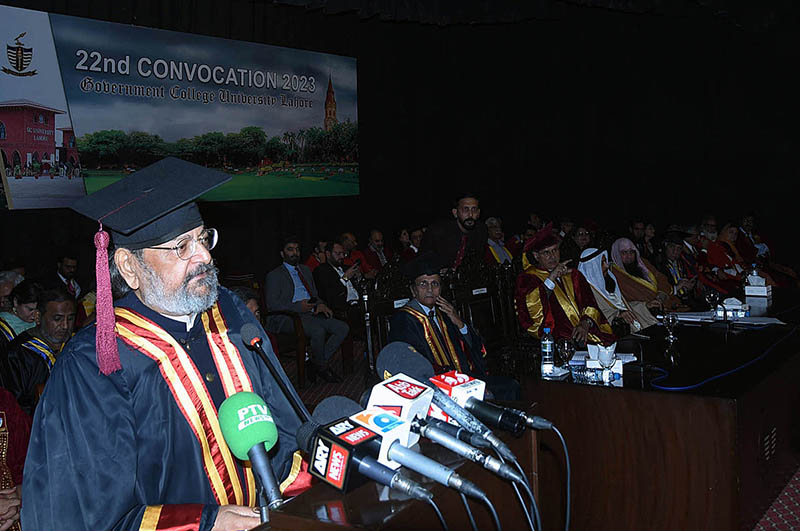 Madad Ali Sindhi, Caretaker Federal Minister for Education and Professional Training addressing during 22nd convocation of Government College University at Government College University