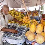 A vendor arranging and displaying fruits to seek attention of customers at his roadside setup