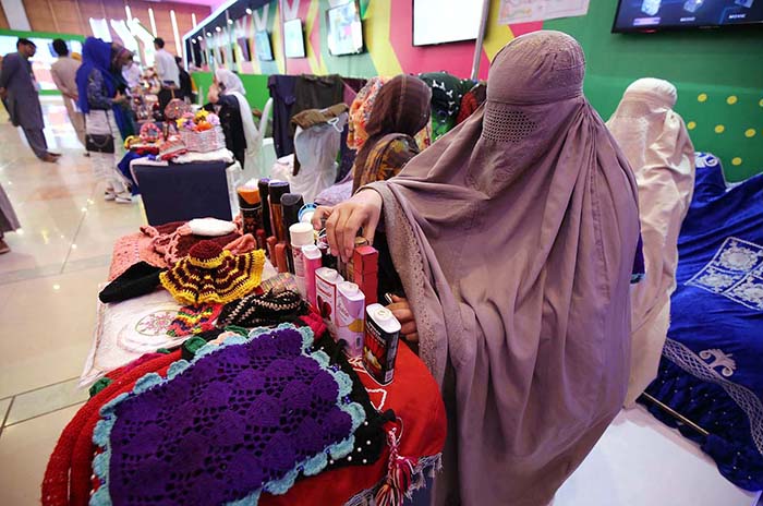 Woman displaying jewellery on stall during 3 Days Rural Youth Summit at local hotel