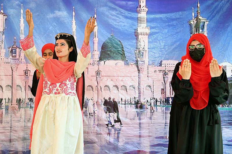 Students participate in Naat competition during Seerat Conference in connection of 12th Rabi-ul-Awwal at Begum Nusrat Bhutto Government Girls Degree College