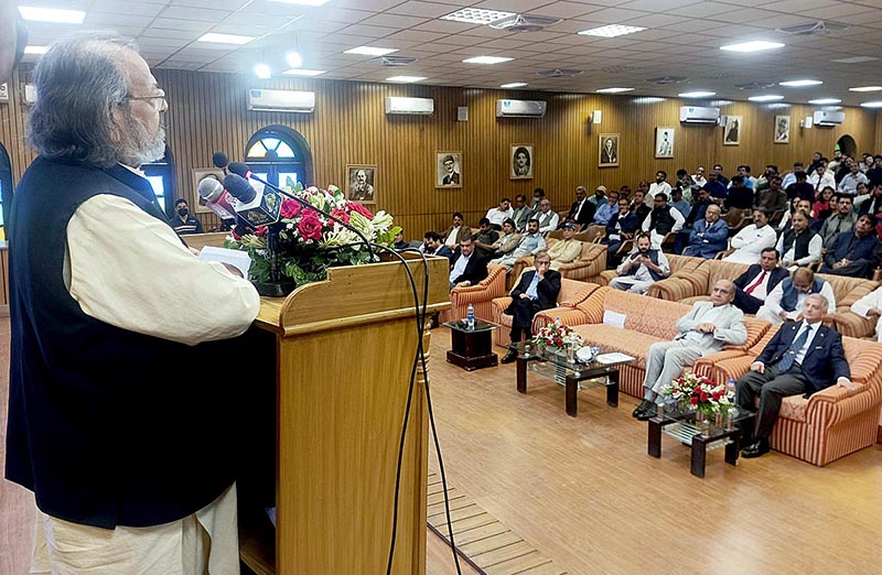 Caretaker Federal Minister for Education and Professional Training Madad Ali Sindhi addressing the Sindh Madressatul Islam University 139th Foundation day 1885-2023 Celebration and National Seminar on Hassanally Effendi Light of Change