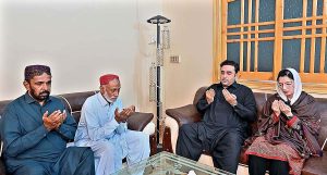 Chairman Pakistan People's Party Bilawal Bhutto Zardari talking to media persons after condolence with Shaheed journalist Jaan Muhammad Mahar brothers at his residence. A
