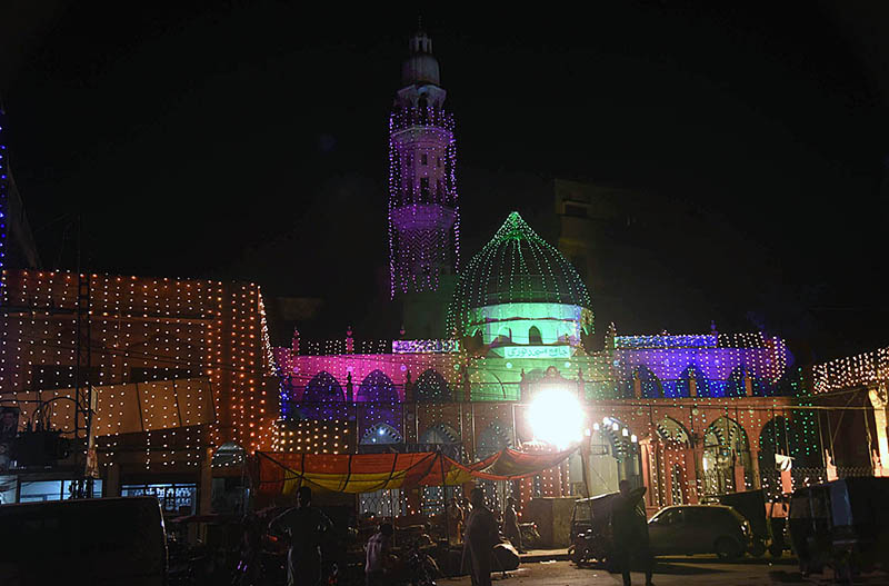 An illuminated view of masjid decorated with colorful lights in connection with Eid Milad-un-Nabi (PBUH)