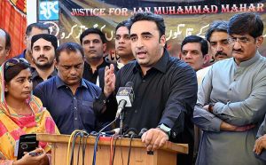 Chairman Pakistan People's Party Bilawal Bhutto Zardari talking to media persons after condolence with Shaheed journalist Jaan Muhammad Mahar brothers at his residence. A