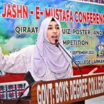 A students speaks during Qirat, Naat, Quiz, Poster and Essay Competition in Jashan Mustafa Conference organized on the occasion of Rabi-ul-Awwal at Government Boys Degree Collage.