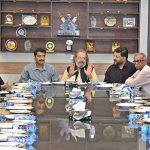 Caretaker Federal Minister for Education and Professional Training Madad Ali Sindhi during a meeting with the Senior Journalists at Karachi Press Club (KPC)