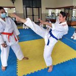Karate players are in action during training class of judo karate at Qayyum Sports Complex