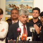 Caretaker Minister for Information and Broadcasting Murtaza Solangi talking with media persons at the exhibition of prison art and craftsmanship organized by Central Prison and Correctional Facility in collaboration with Arts Council of Pakistan