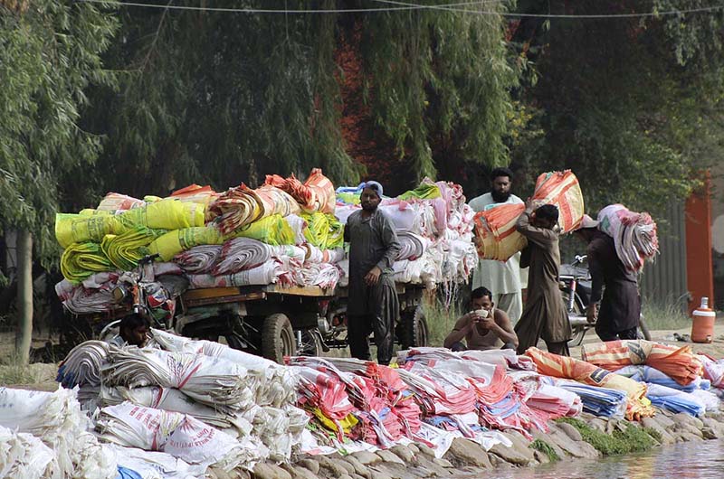 Labourers are loading bundles of plastic sacks after washing at the local canal