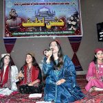 Students performing tableau during Latif Day Function at Shaheed Mohtarma Benazir Government College of Education.