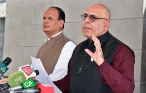 Caretaker Information Minister Jan Achakzai addressing a press conference regarding cabinet meeting