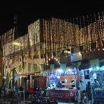 An illuminated view of Hamid Shah Mosque decorated with colorful lights in connection with Eid Milad-un-Nabi (PBUH) celebrations.