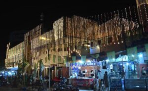  An illuminated view of Hamid Shah Mosque decorated with colorful lights in connection with Eid Milad-un-Nabi (PBUH) celebrations.