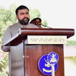 Caretaker Federal Minister for Interior Sarfraz Ahmed Bugti addressing the audience during the passing out ceremony of Basic Recruit Course of Pakistan Coast Guard