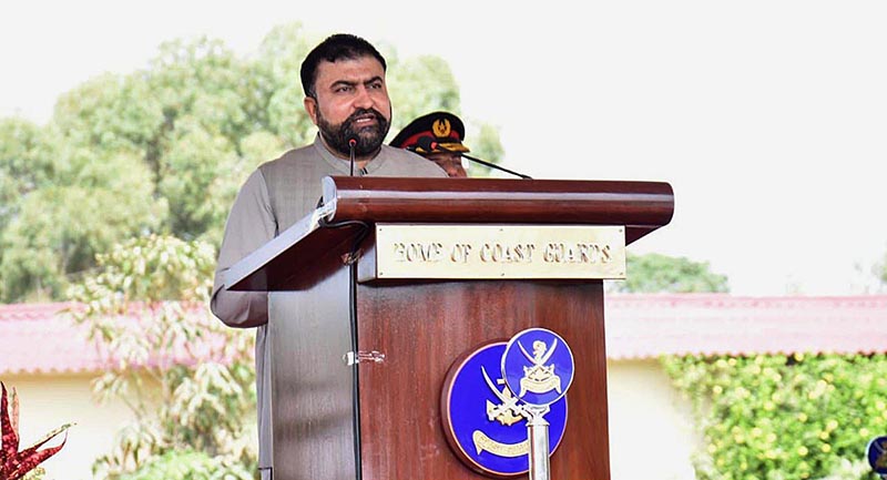 Caretaker Federal Minister for Interior Sarfraz Ahmed Bugti addressing the audience during the passing out ceremony of Basic Recruit Course of Pakistan Coast Guard