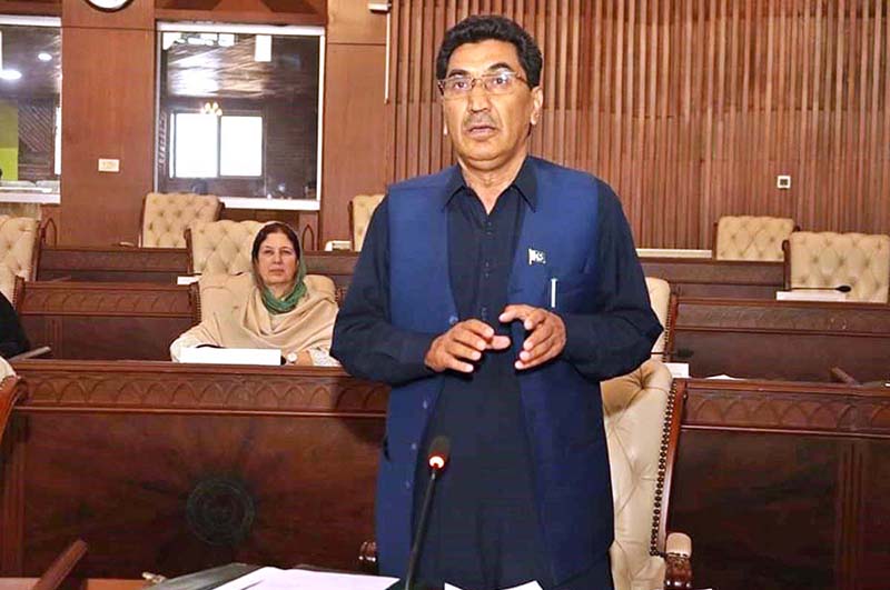 Minister Finance Gilgit-Baltistan Engineer Ismail addressing during the 26th session of Gilgit-Baltistan Assembly under the chair of Speaker Gilgit-Baltistan Asssembly Nazir Ahmad Advocate at Assembly Secretariat