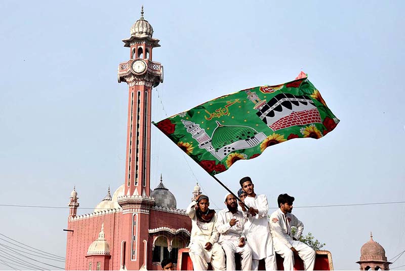 People take part in a rally celebrating the birthday of Prophet Muhammad (PBUH). People are celebrating the birth anniversary Eid Milad un Nabi of the Holy prophet Muhammad Peace Be Upon Him on the 12th of Rabi-ul-Awal across the world