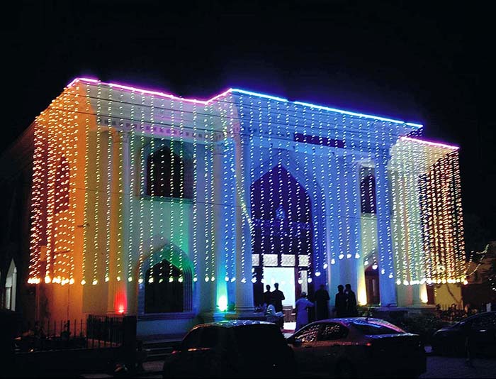 An illuminated view of Arts Council decorated with colorful lights in connection with Eid Milad-un-Nabi (PBUH).