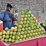 A vendor papering grapefruit juice for customers at Railway Station Road