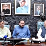 Minister Law & Justice Gilgit-Baltistan Syed Sohail Abbas addressing press conference after Cabinet meeting at CM Secretariat