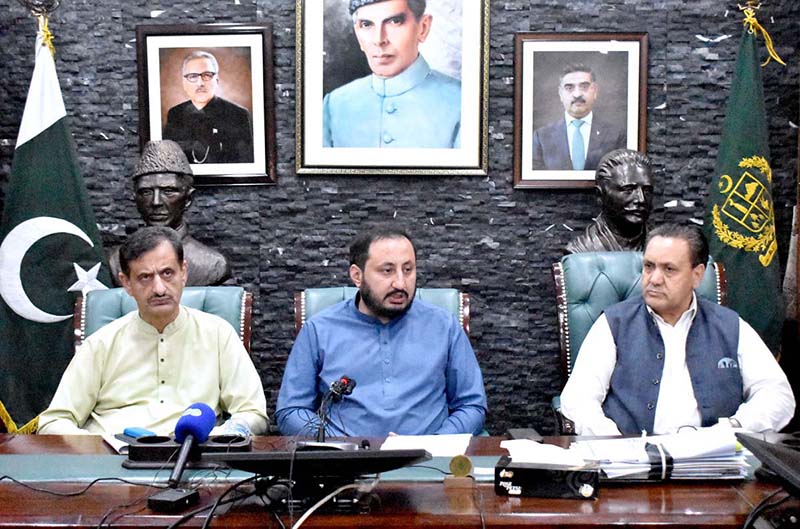 Minister Law & Justice Gilgit-Baltistan Syed Sohail Abbas addressing press conference after Cabinet meeting at CM Secretariat