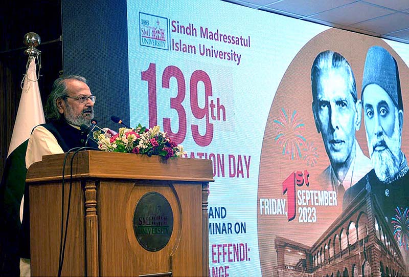 Caretaker Federal Minister for Education and Professional Training Madad Ali Sindhi addressing the Sindh Madressatul Islam University 139th Foundation day 1885-2023 Celebration and National Seminar on Hassanally Effendi Light of Change