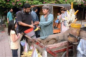 A vendor selling roasted corn cobs to customer in Provincial Capital